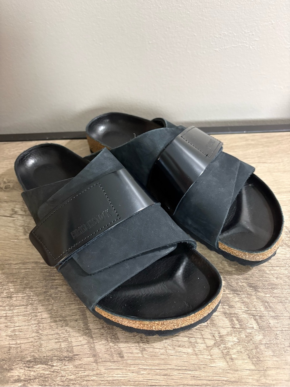 NEW! BIRKENSTOCK Black KYOTO Nubuck LEATHER Foot bed SANDALS Slides 40